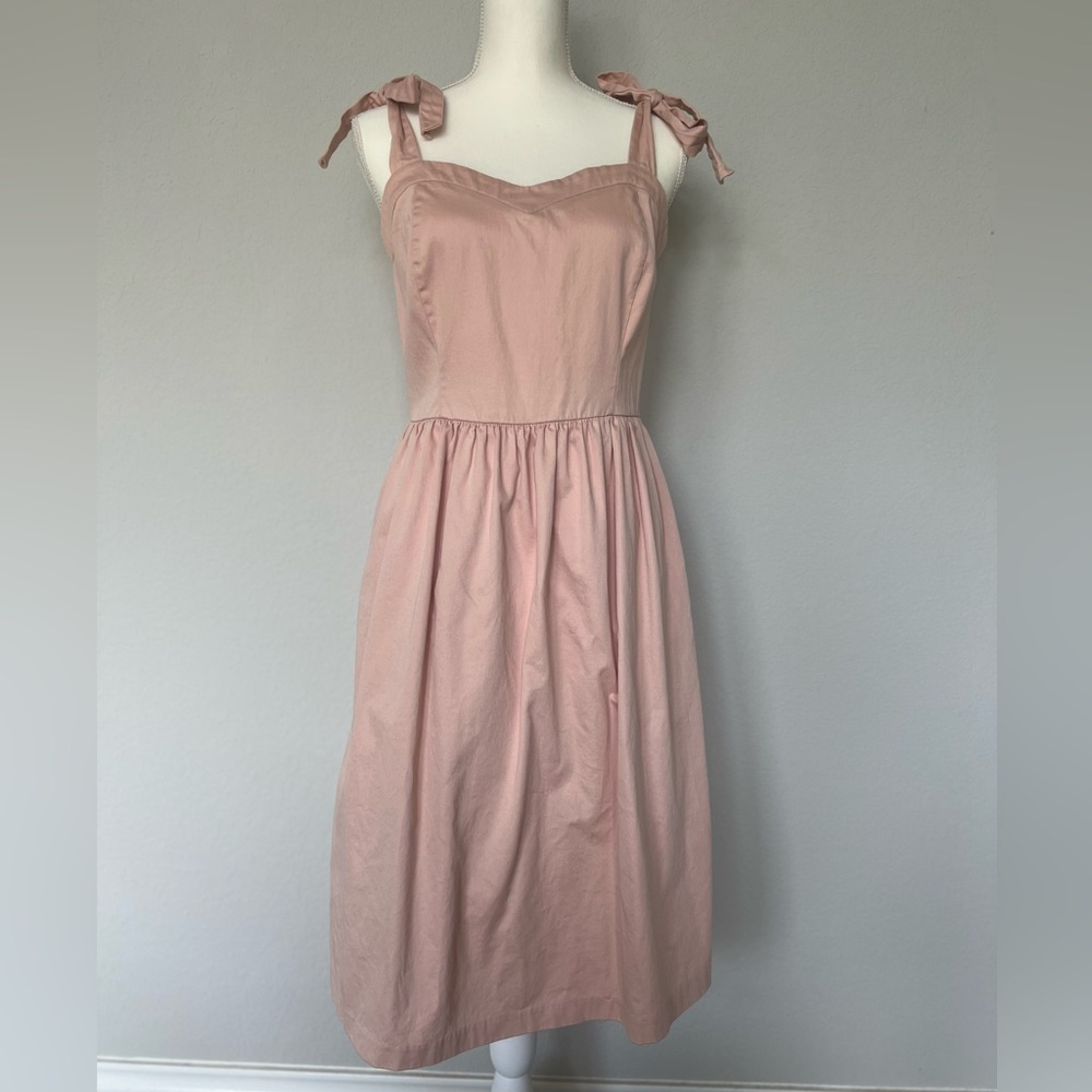 Cotton Dusty Powder Pastel Pink Ruffle Bow Tie Strap Summer Ballerina Midi Dress